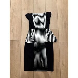 TORN BY RONNY KOBO Black White Striped‎ Peplum Bodycon Dress Size L